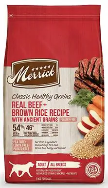 Merrick Classic He althy Grains Prava govedina + recept za smeđu rižu s drevnim žitaricama Suha hrana za odrasle pse