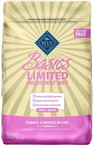 „Blue Buffalo Basics“su ribotu ingredientų racionu, kalakutienos ir bulvių dietos receptas Mažos veislės suaugusiems sausas šunų maistas