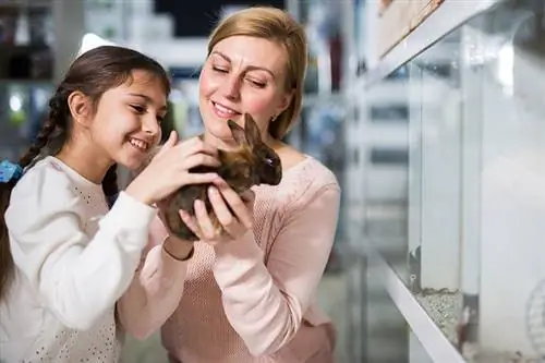 Lächelnde Mutter mit ihrer glücklichen Tochter, die niedliche Kaninchen in der Tierhandlung zusammenhält