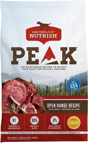 Rachael Ray Nutrish PEAK Ricetta naturale senza cereali a gamma aperta con cibo secco per cani di manzo, cervo e agnello