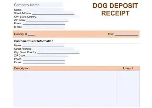 Шаблон квитанции о депозите собаки (щенка) онлайн-счета