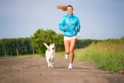 kvinna kör med hund