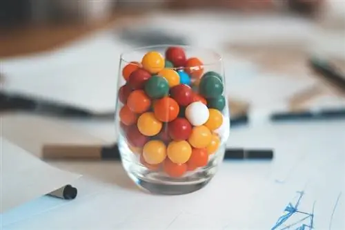 un vaso de chicles de colores surtidos