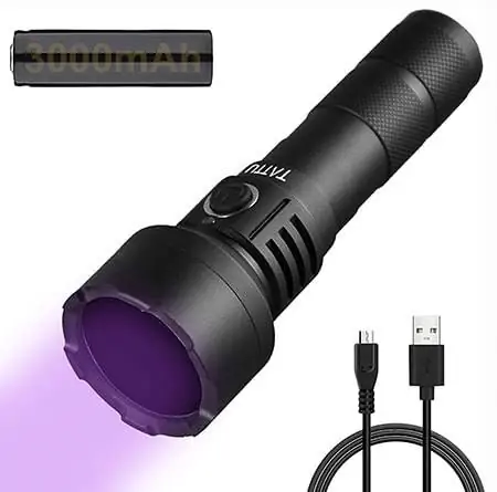 TATTU U2S UV-flitslig herlaaibare 365nm swart lig fakkel met ZWB2 filter, swart lig 10W ultraviolet LED lamp met mikro USB laai kabel