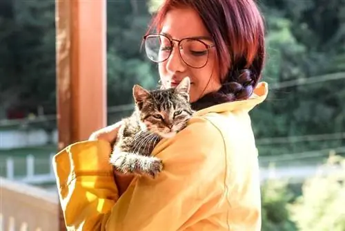 mulher segurando um gatinho malhado cinza e branco