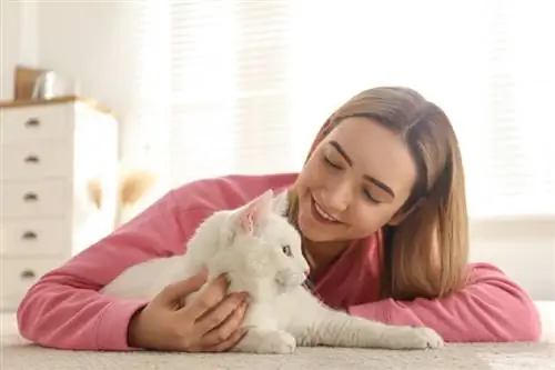 weiße Katze mit dem Besitzer