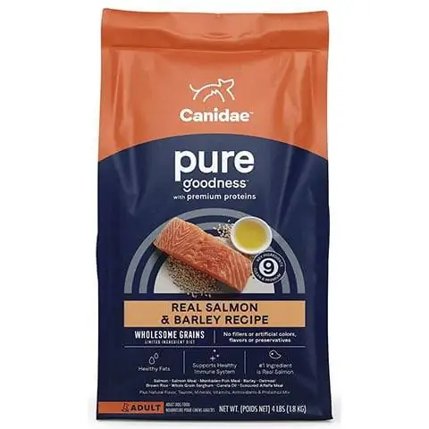 CANIDAE PURE s plnohodnotnými zrnami Recept na skutočný losos a jačmeň