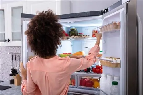 mulher armazenando comida no refrigerador