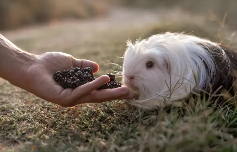 cavia sull'erba che mangia le more dalla mano di una persona