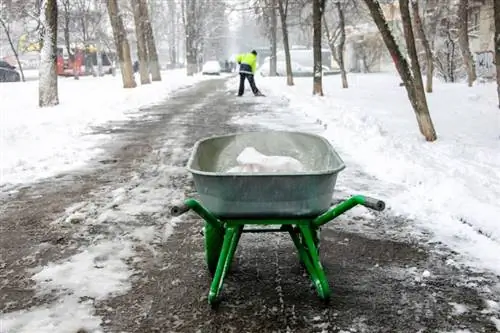 portarul curăță trotuarul și stropește sare