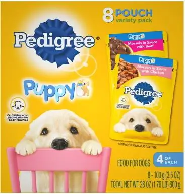 Pedigree Puppy Variety Pack Sústa v omáčke s hovädzím a kuracím mäsom