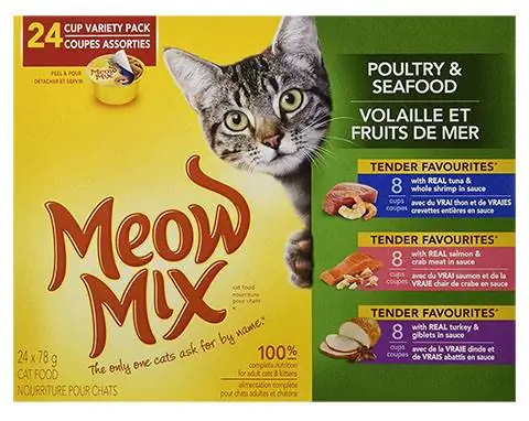 Meow Mix Fjærkre og sjømat Variety Pack våt kattemat