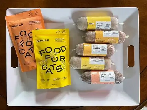 pequenos alimentos para gatos crus liofilizados e frescos de grau humano em uma bandeja branca