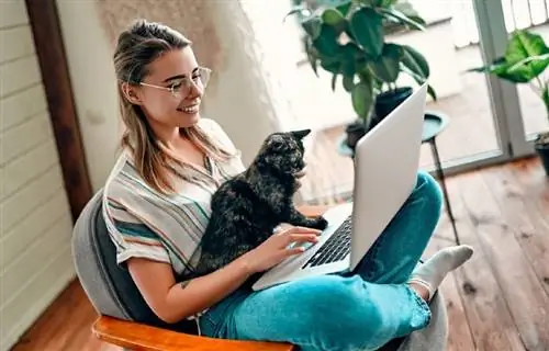 jong vrou wat met haar troeteldierkat werk