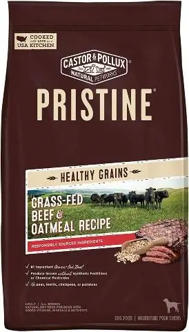 Rețetă de carne de vită și fulgi de ovăz, hrănită cu iarbă, hrană uscată pentru câini pentru adulți, Castor & Pollux.