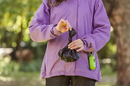 mujer sosteniendo una bolsa de caca de perro usada