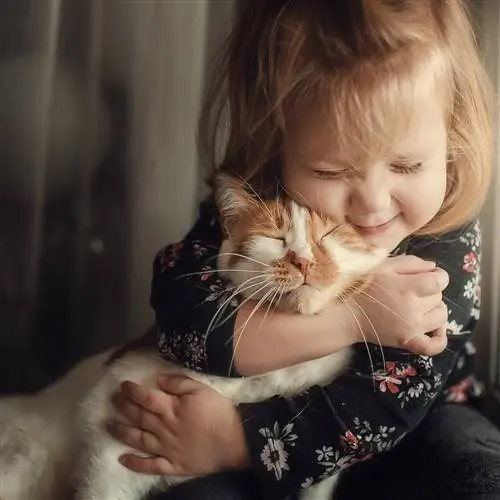 menina bonitinha aconchegando gato fofo