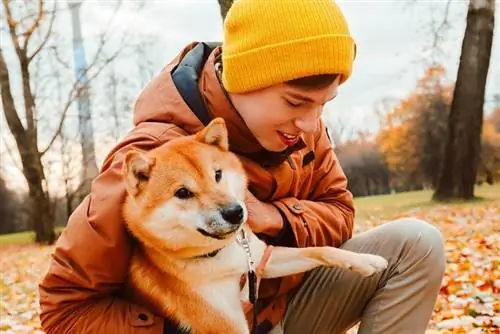 anjing akita dengan pemilik laki-lakinya