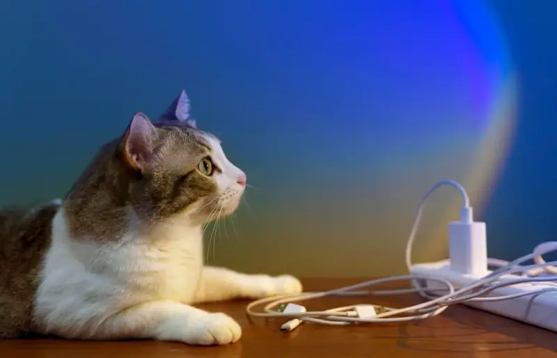 chat près d'une prise électrique