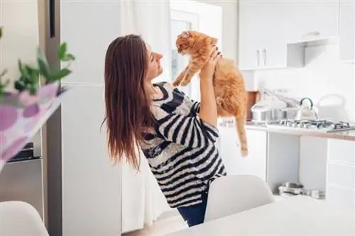 vrouw die een rode kat vasthoudt