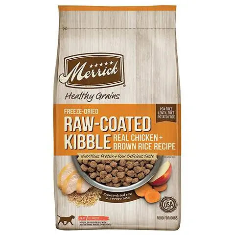 Merrick He althy Grains Raw-Coated Kibble Real Chicken + Brown Rice Recipe