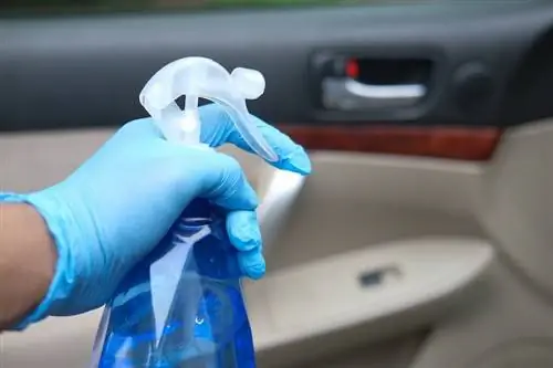 botella de spray y guantes para limpiar el interior del coche