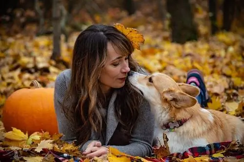 mujer y un corgi