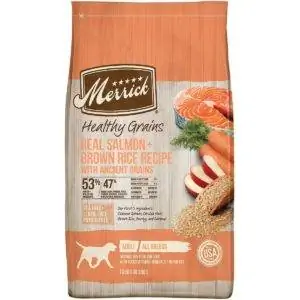 Merrick He althy Grains Recette de vrai saumon et de riz brun avec des aliments secs pour chiens aux grains anciens (1)