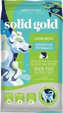 8Solid Gold Leaping Waters Stomaco sensibile Acqua fredda Salmone e verdure Ricetta Cibo secco per cani senza cereali