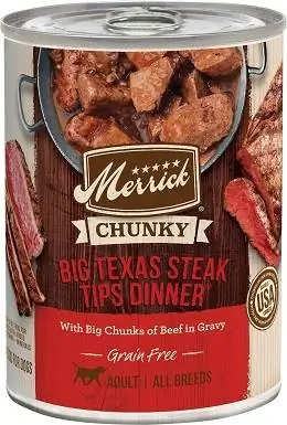 9Merrick Chunky kornfri våt hundemat Big Texas Steak Tips Middag