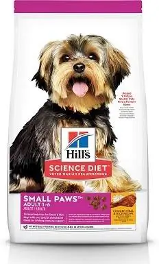 7 Hill's Science Diet Adult Small Paws Vištienos miltų ir ryžių receptas Sausas šunų maistas