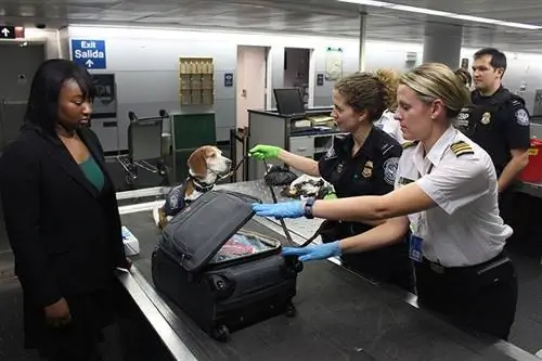 luchthavenhond die bagage inspecteert