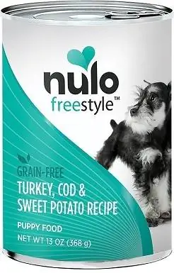 Nulo Freestyle Qaib ntxhw, Cod & Sweet Potato Recipe Grain-Free Puppy Canned Dog Food