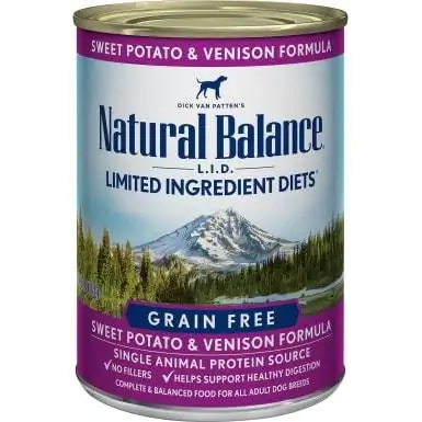 Natural Balance L. I. D. Diet Ramuan Terhad Makanan Anjing Dalam Tin Tanpa Biji Formula Ubi & Daging rusa